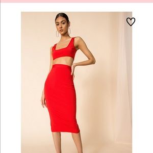 Red crop top and midi skirt set